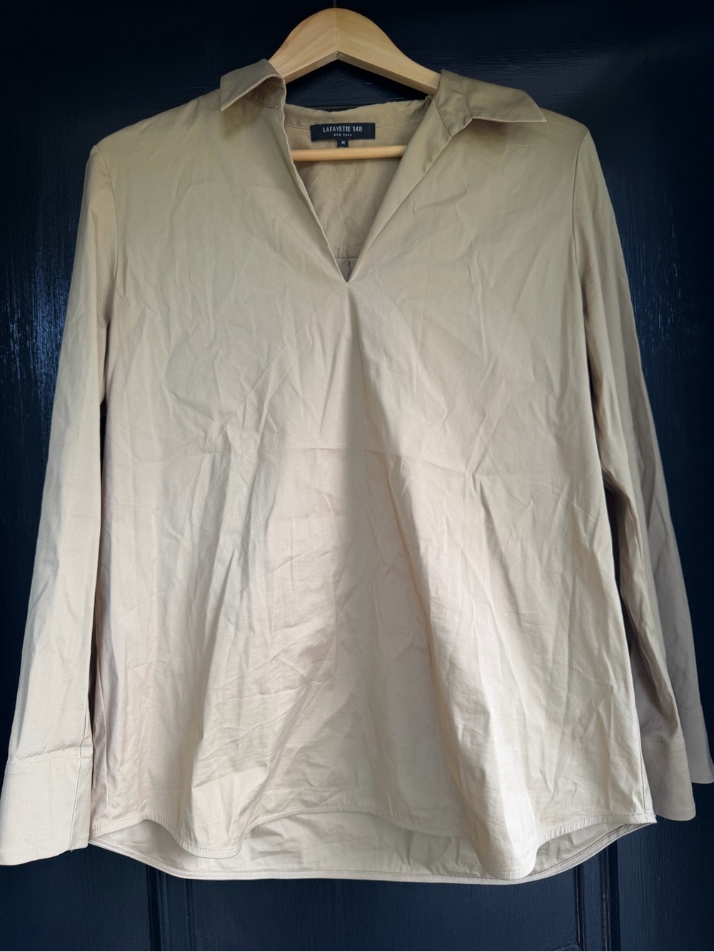 Lafayette 148 New York Tan Collared Long-Sleeve V Cut Shirt